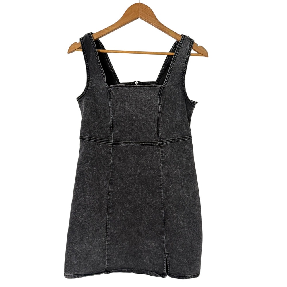 Black Denim Square Neck Pinafore Mini Dress Small Distressed Grunge Goth Y2K